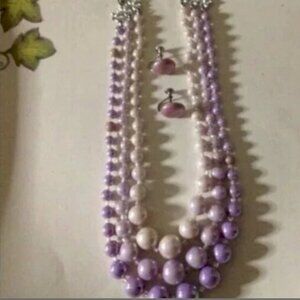 Vintage 3-Strand Lavender Faux Pearl Tone Necklaces with Married Earrings